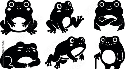 Flat design cute frog icon set six poses smiling jumping sitting crossing arms walking cane minimal vector silhouettes playful friendly