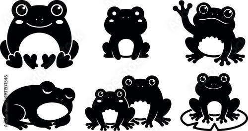Flat design playful frog silhouettes in various poses close up set for kids stickers and logos cheerful black minimalist vector