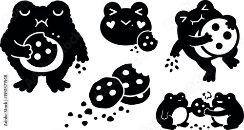 Flat design silhouette frogs eating cookies multiple playful poses close up cookie crumbs whimsical vector art black white friendly chubby