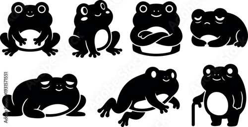 Flat design black frog mascot showing seven playful poses jumping sitting crossing arms leaning walking with gentle friendly smiling expression