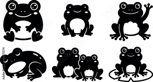 Flat design playful frog character set six black silhouettes various poses smiling waving sitting on lily pad cute close up