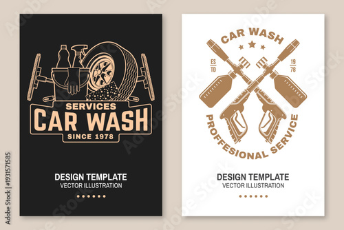 Professional car wash poster, banner and flyer template set. Vector auto cleaning and car service advertising design with washing equipment and vehicle care elements.