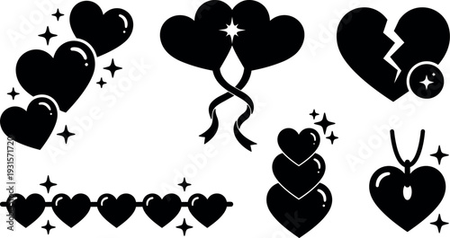 Flat design glossy heart icon set showing stacked hearts broken heart necklace garland close up vector art black silhouettes minimal