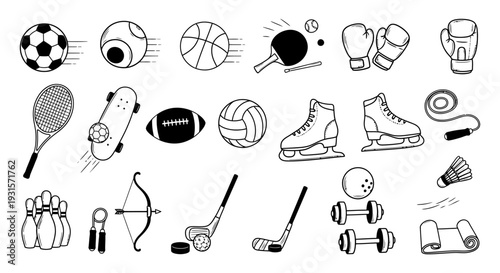 a diverse collection of sports equipment and athletic gear for various games and fitness activities ideal for active lifestyle and healthy living promotions.