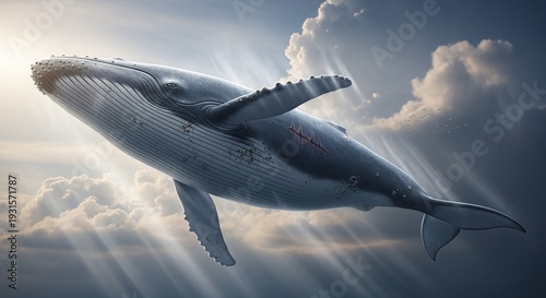 Majestic humpback whale swimming peacefully through cloudy ocean waters with sunlight breaking through.
