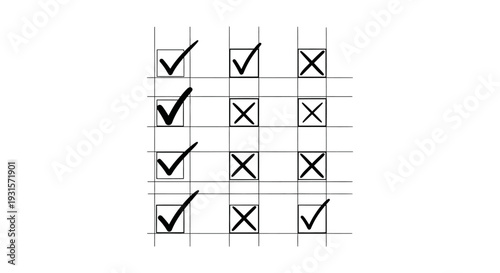 hand-drawn checklist grid with checkmarks and x marks illustrating task completion survey results and decision-making process