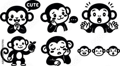 Flat design cute monkey emoticon set multiple expressions holding apple various poses close up black and white vector friendly icons