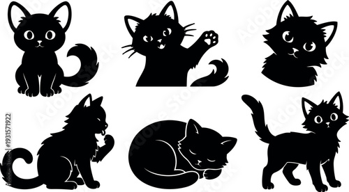 Flat silhouette vector set of six playful black cat poses including sitting waving head tilt grooming sleeping and walking cute