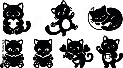 Minimalist icon set cute playful black cat silhouettes performing activities holding heart reading sleeping waving with coffee and fish flat