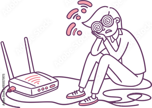 Frustrated individual dealing with a malfunctioning wireless router and weak signal