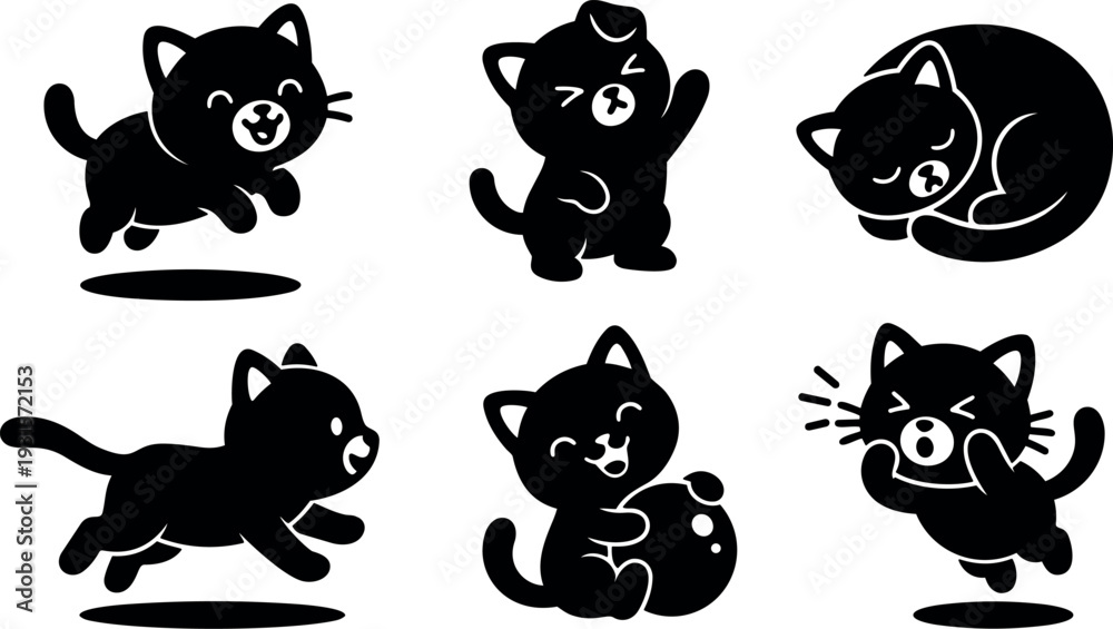 Fototapeta premium Minimalist vector cat sticker set six playful poses sleeping jumping running yawning hugging ball kawaii silhouette design flat icon collection