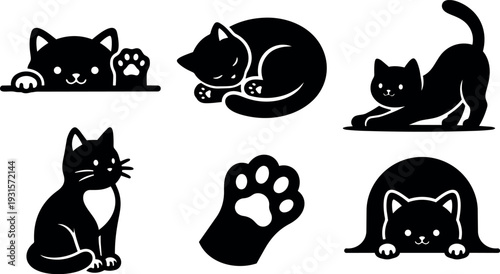 Flat design cat icon set showing peeking cat sleeping curled stretching playful sitting paw print close up minimal silhouettes vector