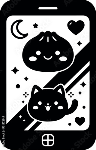 Kawaii flat design phone screen with smiling dumpling and cute cat stickers diagonal composition moon hearts playful night vibe icon