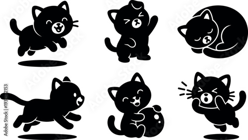 Minimalist vector cat sticker set six playful poses sleeping jumping running yawning hugging ball kawaii silhouette design flat icon collection