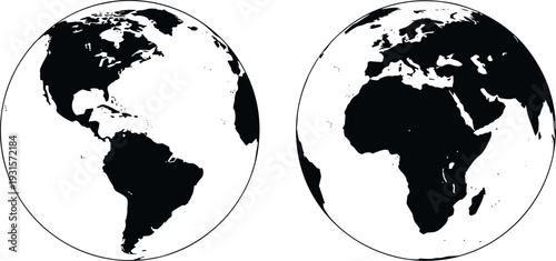 World Map Globe Icon Set Earth Continents Hemisphere Black and White Vector Illustration
