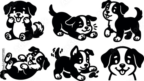 Cartoon vector playful puppy icons showing six happy black and white puppy poses sitting rolling jumping wagging tail close up
