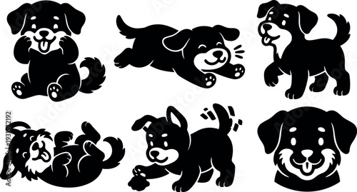 Flat design playful puppy icons six poses smiling running jumping rolling over wagging tail friendly vector illustration set cute black