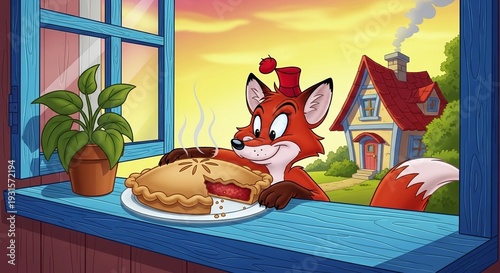 Clever fox happily stealing a delicious berry pie from a windowsill with a cozy cottage backdrop.