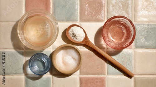 Bowls and a spoon hold agar-agar powder on a tiled surface, viewed from above.