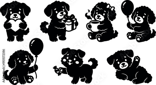 Kawaii vector sticker set seven puppy icons holding heart gift cup balloon in playful smiling sitting lying waving poses simple