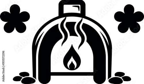 Minimalist vector wood fired oven front view with visible flame stone hearth floral accents black silhouette bold line art icon
