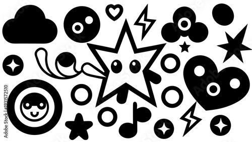 Whimsical black and white graphic design featuring stars and hearts Vector