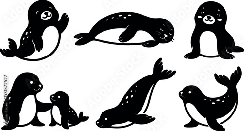 Flat design playful seal silhouettes in varied poses with mother and pup up on white background vector art friendly expression