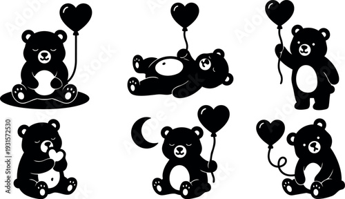 Minimalist vector bear sticker set six cute teddy poses holding heart balloons rounded silhouettes playful nursery decor graphic icons collection