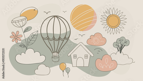 Whimsical hot air balloon floating amongst sun, clouds, and flowers Vector
