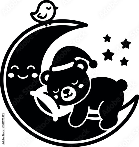 Flat kawaii vector sleeping bear on crescent moon with pillow nightcap bird and smiling moon stars nursery icon black white