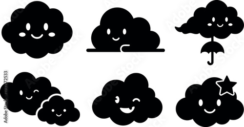 Flat design smiling cloud icon set six playful vector silhouettes with faces umbrella star parent child pair black white