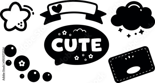 Flat design kawaii sticker set with cute speech bubble star cloud beads name tag close up vector art black silhouette