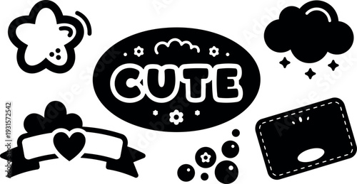 Flat design close up cute sticker elements speech bubble star cloud ribbon heart badge polka dots wallet vector set monochrome