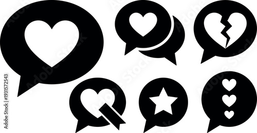 Flat design chat bubble icons with heart star and broken heart symbols in bold minimal black silhouettes for social media