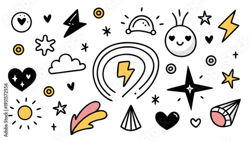 Whimsical collection of hand-drawn icons depicting nature and emotions Vector