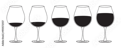 Wine glasses with varying levels of red wine showing different filling stages in a row