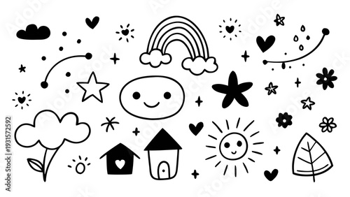 Whimsical doodle illustrations of nature and happiness Vector