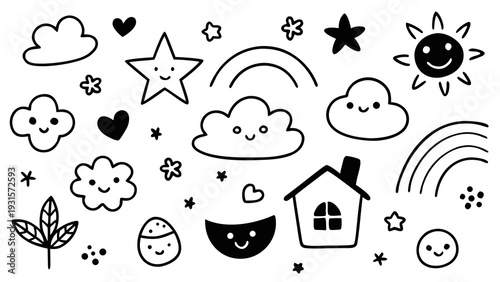 Whimsical black and white weather and nature illustrations Vector