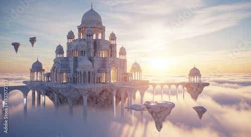 Majestic white palace floating among clouds at sunset creates a dreamy and ethereal fantasy world.
