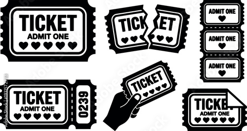 Flat design close up hand holding admit one ticket torn stubs strip numbered voucher with heart icons high contrast black