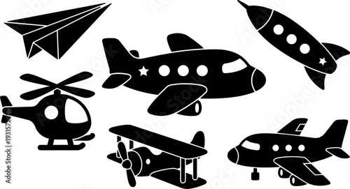 Flat design airplane icon set with paper plane helicopter biplane rocket jet and propeller planes isolated on white background minimal