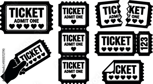 Flat design close up hand holding torn admit one ticket set with perforated stubs and bold black silhouette icons collection