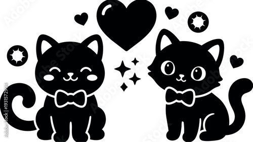 Flat design close up two cute bow tie cats sitting together looking at camera with hearts and sparkles playful mood