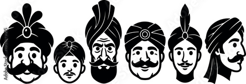 Flat design closeup of six stylized turbaned male head icons in black and white bold silhouette side and front views