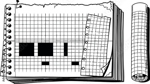 Line art stacked graph paper notebook with pixel face grid close up rolled grid sheet spiral punched pages black white