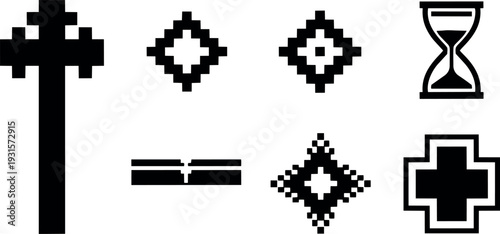 Pixel art tribal cross symbols set showing hourglass and medical cross icons arranged on white background bold flat vector minimal