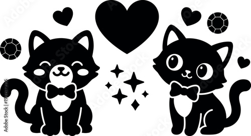 Flat design kawaii close up two bow tie cats sitting facing each other with hearts sparkles and playful expression cute