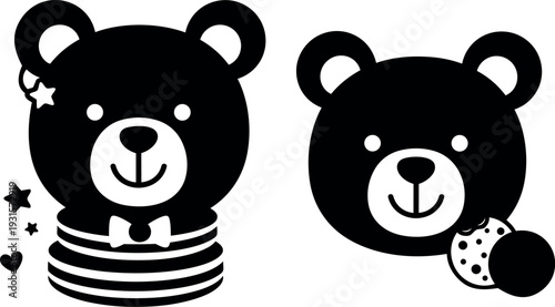 Flat design front view smiling bear heads with bow tie cookie and striped scarf isolated on white background playful friendly