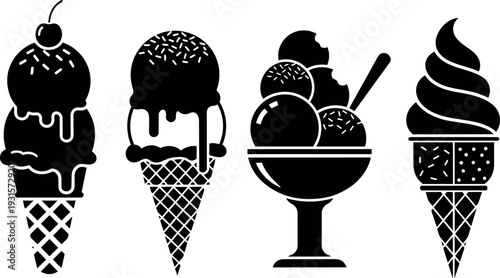 Flat vector ice cream icon set four cone and sundae silhouettes close up front view black minimalist dessert graphics icons