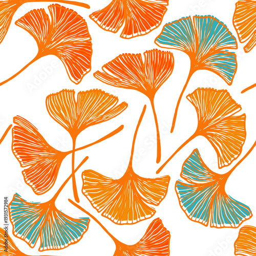 Ginkgo biloba leaves seamless textile print. Elegant gingko foliage outline vector illustration. Ginkgo tree leaf floral wallpaper ornament. Decorative foliage thin lilnes texture graphic design.